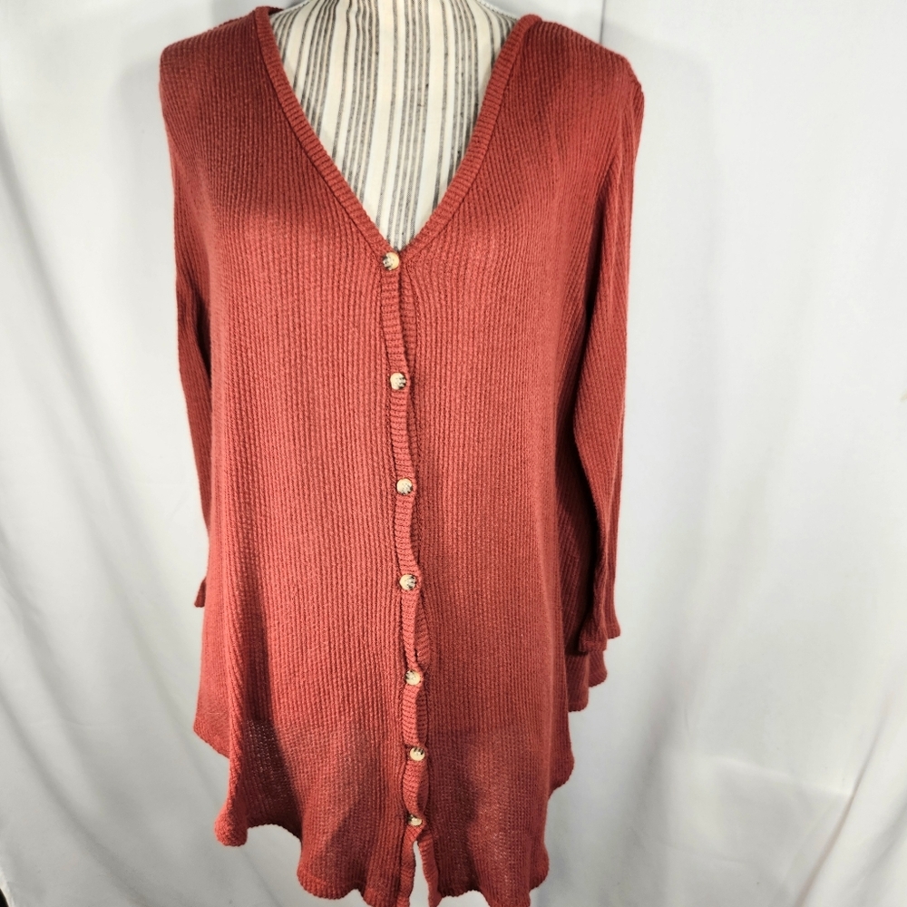 No Comment Plus Ribbed V Neck Button Down Long Sleeve Top Plus Size 2X